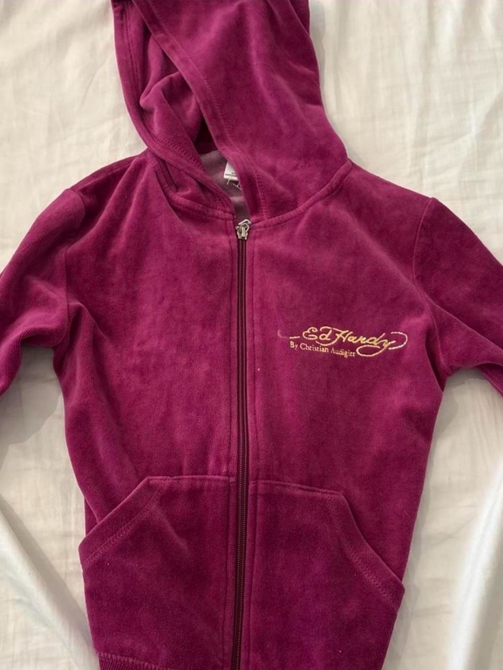Ed Hardy Girls Velvet Zip Hoodie - Berry Pink
